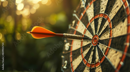 aims arrow at a virtual target dartboard, precision in setting objectives for business investments visualizes strategic approach to achieving goals and hitting targets in business