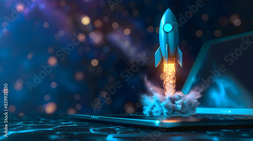 Blue rocket lift off of a laptop on a desktop, concept Faster application, creative idea Startup development and growth