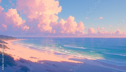 Serene beach scene at sunset with pastel pink and blue sky, gentle waves lapping sandy beaches, and sun setting behind large clouds casting long shadows over the water