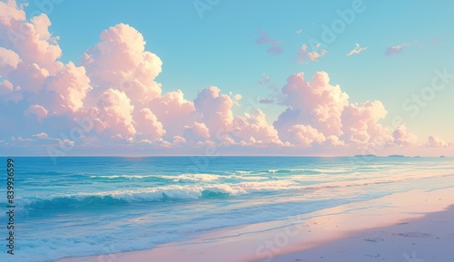 Serene beach scene at sunrise with pastel pink and blue sky, gentle waves lapping sandy beaches, and the sun casting long shadows behind large clouds. 
