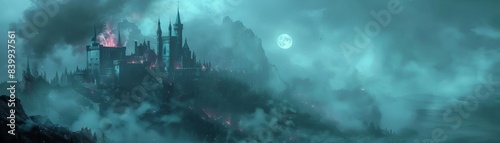 A castle with a large moon in the sky. The castle is surrounded by a foggy, dark atmosphere