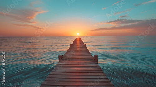 Tranquil Sunrise Over Peaceful Ocean Pier with Warm Inviting Atmosphere
