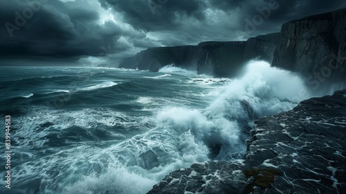 Dramatic seascape featuring stormy skies and waves crashing against rugged sea cliffs, capturing the power of nature.