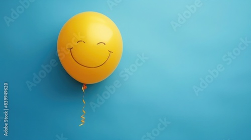 Yellow smiley winking balloon on blue background, flat lay, top view with concept of positive and happy mood for design element. High quality,
