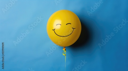 Yellow smiley winking balloon on blue background, flat lay, top view with concept of positive and happy mood for design element. High quality,
