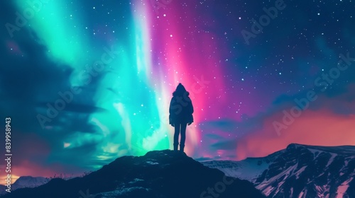 Aurora borealis and silhouette of alone girl on mountain trail