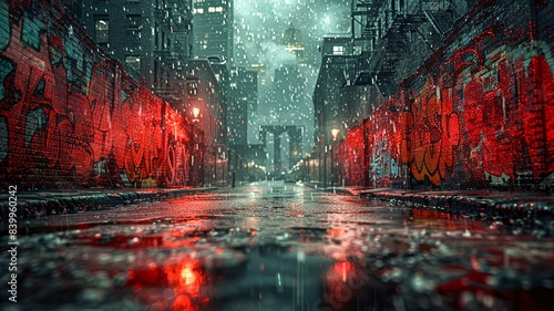 Narrow Alley with Colorful Graffiti and Rain-Soaked Pavement at Night, Emphasizing Moody Street Scene and Dramatic Lighting
