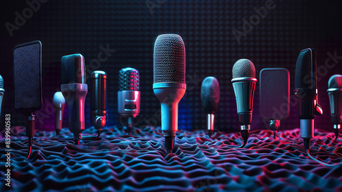 A row of various microphones on a textured surface with neon lighting.