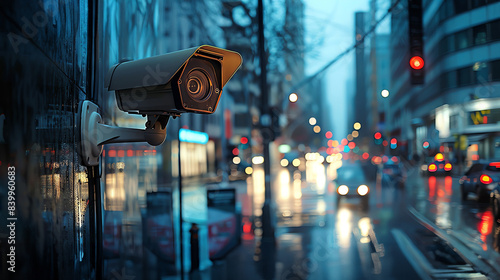 A security camera mounted on a building overlooking a busy city street at night.