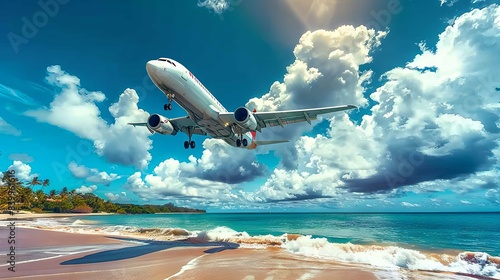 Airplane landing on a tropical beach with a blue sky and white clouds.