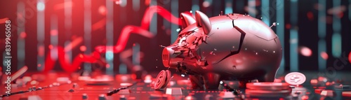 A fractured piggy bank with digital coins scattered and a downward red graph in the background
