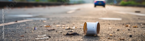 A coffee cup is sitting on the ground next to a road. The cup is empty and has a lid on it. The scene is set in a city with cars driving by