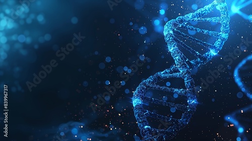 Glowing blue DNA strand on a dark background with particles, representing genetic research, science, and biotechnology.