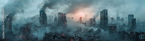 A city is in ruins with smoke and fire in the background. The sky is dark and gloomy, and the buildings are destroyed. Scene is one of devastation and despair
