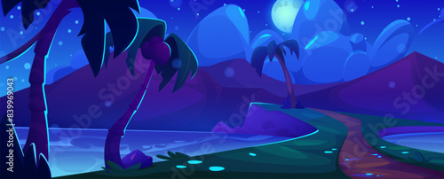 Night summer island scenery with palm trees. Vector cartoon illustration of dark tropical land with mountains, coconuts on palm trees, footpath on sea shore, moon and stars glowing in cloudy sky