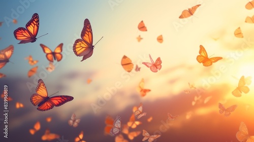 A group of butterflies flying in the air, with some of them having a yellowish hue. Concept of freedom and lightness, as the butterflies seem to be soaring through the sky without any constraints