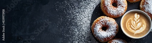 A close up of a plate of powdered donuts and a cup of coffee. The donuts are sprinkled with powdered sugar and arranged in a row. The coffee is poured into a white cup with a leaf design on it