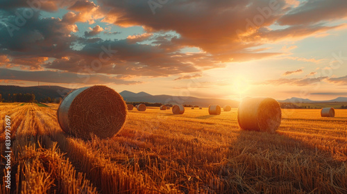 Witness a wide expanse with hay bales scattered across a harvested field, lit by the final rays of the setting sun