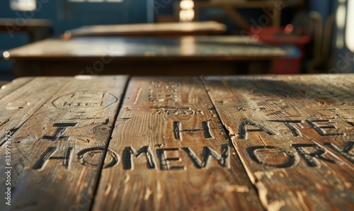 An old, wooden school desk covered in carvings and graffiti, with the phrase "I HATE HOMEWORK" 
