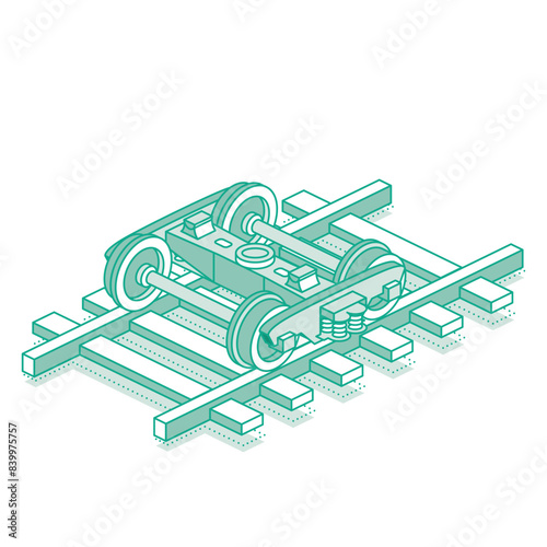 Railway bogie of a freight car with frame. Isometric object isolated on white background. Icon for web design.