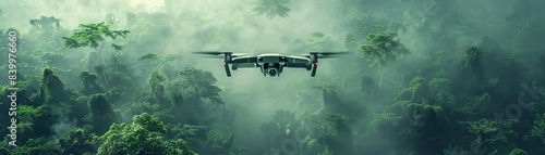 A solid-state battery powering a drone soaring over a lush forest, symbolizing environmental preservation and sustainable technology