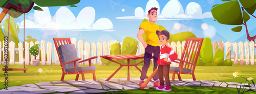Father and son with baseball bit standing on backyard with fence, table and chairs on summer day. Cartoon vector family two generations spending time together. Parent with child playing sport game.