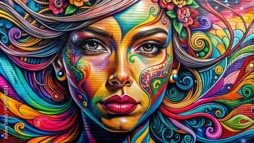 Vibrant graffiti art of a woman's face on a colorful urban wall, adorned with swirling patterns, bold lines, and radiant hues, exuding energy and creativity.