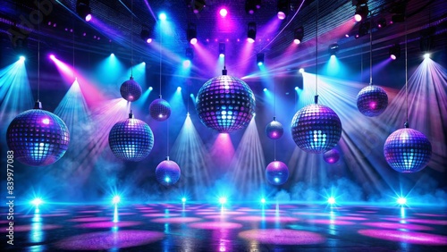 Vibrant purple and blue disco balls rotate amidst flashing strobe lights, surrounded by a foggy atmosphere, on a spacious, sleek, black stage, ready for a performance.