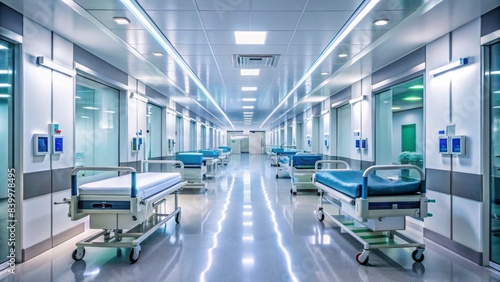 Empty modern hospital corridor with sleek floors and bright fluorescent lights, deserted stretchers and medical equipment lined against the walls, conveying urgency.