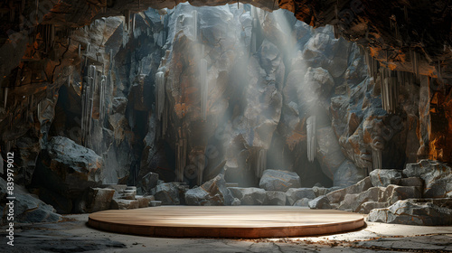 A stage set up in a cave for performances or product display, with rocky walls and mysterious formations in the background, creating a unique and dramatic atmosphere.