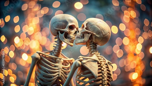 Tenderly embracing, two skeletons, lost in eternal love, share a romantic kiss amidst a warm, dreamy, bokeh-lit backdrop, symbolizing forever devotion.