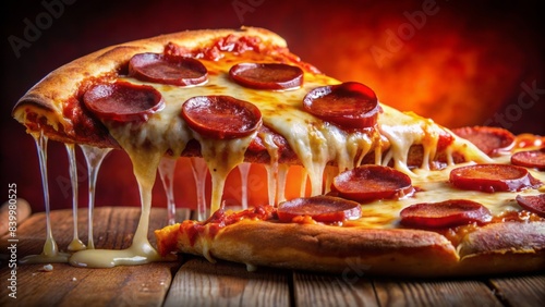 Vibrant red background highlights a mouthwatering close-up of a hot pepperoni pizza slice, with melted cheese stretching enticingly, showcasing savory texture and toppings.