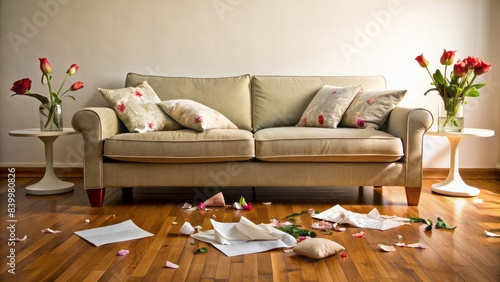 Sofa with an empty space between the cushions, a broken vase, and scattered papers on the floor, conveying a sense of tension and marital discord.