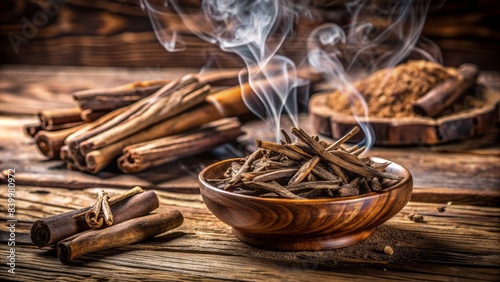Fragrant agarwood chips and incense sticks made from oud, a valuable resin from the aquilaria tree, arranged artfully on a rustic wooden surface amidst subtle smoke.