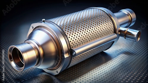 Detailed 3d illustration of a diesel particulate filter and catalytic converter showcasing intricate metal components and exhaust system components in a realistic industrial setting.