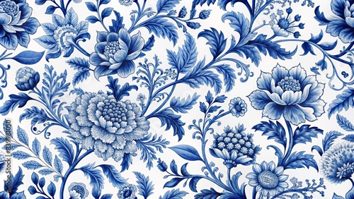 Intricately detailed vintage chinoiserie-inspired seamless pattern features blue and white floral foliage with ornate botanical elements on a crisp white background.