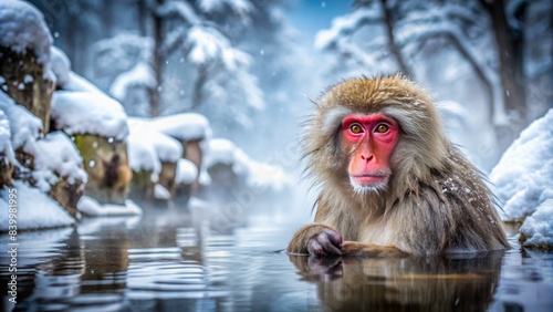 Serenely alone, a japanese macaque monkey relaxes in a steaming hot spring surrounded by snow-covered trees, tranquility embodied in a winter wonderland scene.