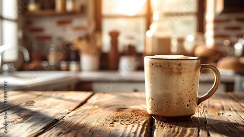 Cozy Rustic Kitchen Scene with Steaming Cup of Fresh Brewed Coffee on Wooden Table