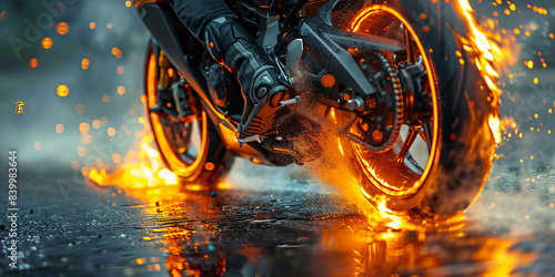 Superbike accident on race track with motorcycle racer wading through fiery sparks and fire splashes. Intense, high-speed collision capturing the thrilling danger of motorsport racing.