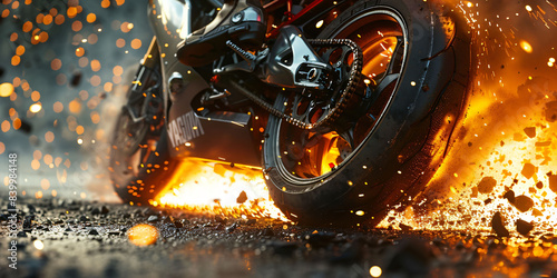 Superbike accident on race track with motorcycle racer wading through fiery sparks and fire splashes. Intense, high-speed collision capturing the thrilling danger of motorsport racing.