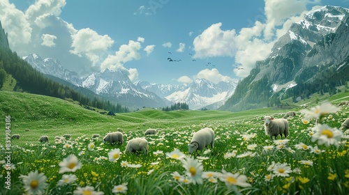 Whimsical Cartoon Alpine Meadow with Grazing Sheep and Goats. copy space for text.
