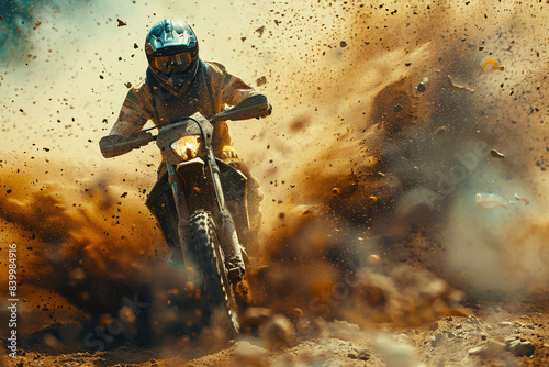 Dirt bike with motorcycle racer wading through dry dust on a track, dust splashes everywhere. Intense, high-speed action capturing the thrill and excitement of off-road racing.