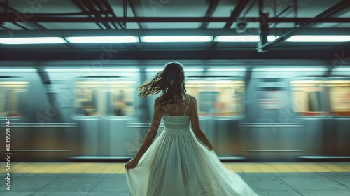 A woman in a red dress is walking through a subway station