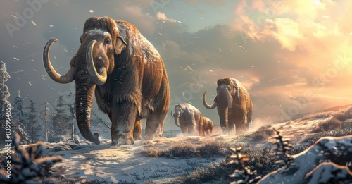 a family of mammoths walking through the land