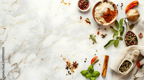 Top view of a food photo mockup with spices and napkin on an abstract background copy space