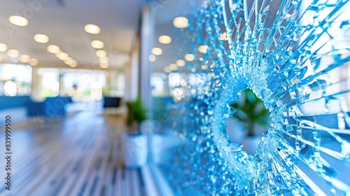 A close-up of a shattered glass window in an office lobby, likely vandalized