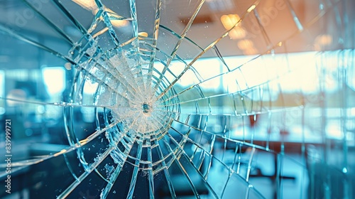 A close-up of a shattered office window, showing the impact of vandalism