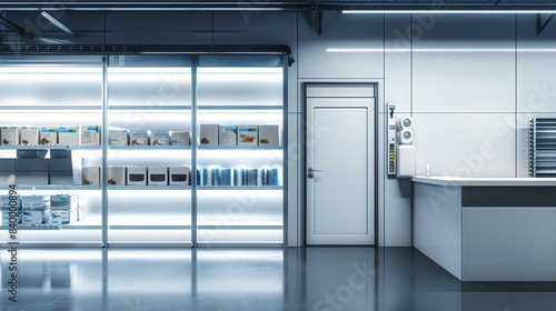 A large, brightly lit refrigerated room with shelves stocked with frozen food items. A closed white door on the right side leads to a separate area