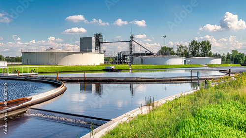 A water treatment plant with industrial tanks in the background, cleansing and purifying water for ecological restoration