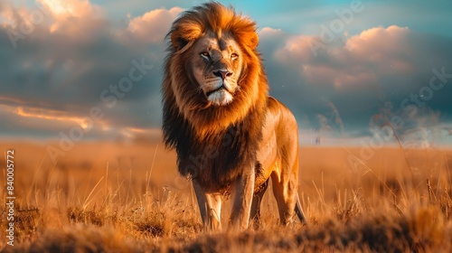 Majestic Lion Stands Proudly on Savanna Capturing the Wild Spirit of Nature
